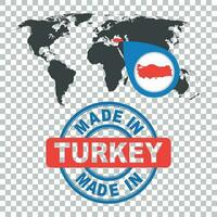 Made in Turkey stamp. World map with red country. Vector emblem in flat style on isolated background.