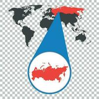 World map with zoom on Russia. Russian Federation map in loupe. Vector illustration in flat style