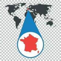 World map with zoom on France. Map in loupe. Vector illustration in flat style