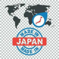 Made in Japan stamp. World map with red country. Vector emblem in flat style on isolated background.