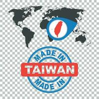 Made in Taiwan stamp. World map with red country. Vector emblem in flat style on isolated background.