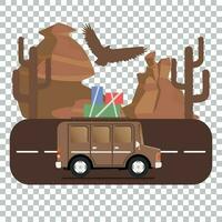 viaje coche cámping sitio paisaje. montañas, desierto, cactus, águila y la carretera. vector ilustración en plano estilo.