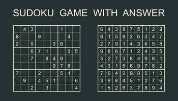 Sudoku game with answer. Vector puzzle game with numbers for kids and adults. Illustration on black background.