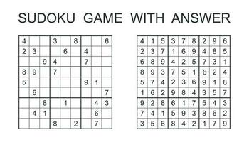 Sudoku game with answer. Vector puzzle game with numbers for kids and adults. Illustration on white background.