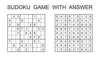 Sudoku game with answer. Vector puzzle game with numbers for kids and adults. Illustration on white background.