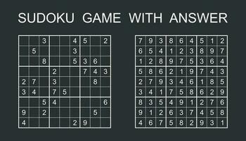 Sudoku game with answer. Vector puzzle game with numbers for kids and adults. Illustration on black background.