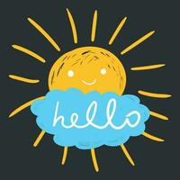 Hello summer hand drawn chalk sun icons. Vector illustration isolated on black background.