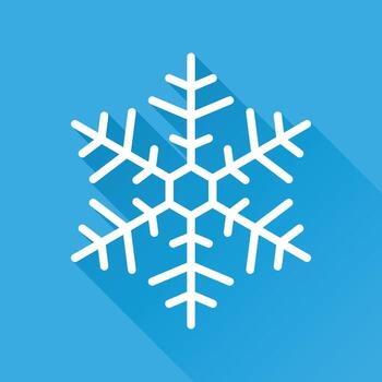 Snowflake icon vector illustration in flat style isolated on blue background with long shadow. Winter symbol for web site design, logo, app, ui.