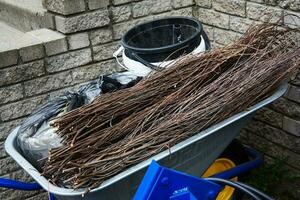 broom for cleaning street in metal wheelbarrow. photo
