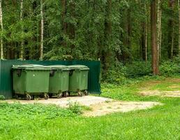 Photo garbage containers background green forest o