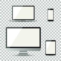 Realistic device flat Icons smartphone, tablet, laptop and desktop computer. Vector illustration on isolated background