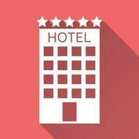 Hotel icon isolated on red background with long shadow. Simple flat pictogram for business, marketing, internet concept. Trendy modern vector symbol for web site design or mobile app.