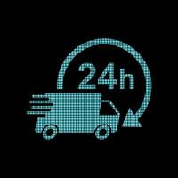 Delivery 24h truck with clock in pixel style logotype. 24 hours fast delivery service shipping vector illustration logo. Simple flat pictogram for business, marketing or mobile app