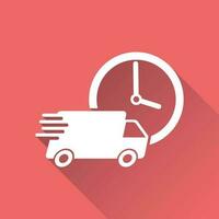 Delivery 24h truck with clock vector illustration. 24 hours fast delivery service shipping icon. Simple flat pictogram for business, marketing or mobile app internet concept on red background