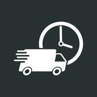 Delivery 24h truck with clock vector illustration. 24 hours fast delivery service shipping icon. Simple flat pictogram for business, marketing or mobile app internet concept on black background.
