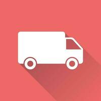 camión, coche vector ilustración. rápido entrega Servicio Envío icono. sencillo plano pictograma para negocio, márketing o móvil aplicación Internet concepto en rojo antecedentes con largo sombra.