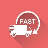 Delivery truck vector illustration. Fast delivery service shipping icon. Simple flat pictogram for business, marketing or mobile app internet concept on red background with long shadow.