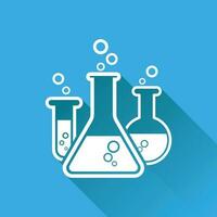 Chemical test tube pictogram icon. Laboratory glassware or beaker equipment isolated on blue background with long shadow. Experiment flasks. Trendy modern vector symbol. Simple flat illustration
