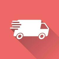 Delivery truck vector illustration. Fast delivery service shipping icon. Simple flat pictogram for business, marketing or mobile app internet concept on red background with long shadow.