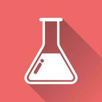 Chemical test tube pictogram icon. Laboratory glassware or beaker equipment isolated on red background with long shadow. Experiment flasks. Trendy modern vector symbol. Simple flat illustration