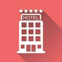 Hotel icon isolated on red background with long shadow. Simple flat pictogram for business, marketing, internet concept. Trendy modern vector symbol for web site design or mobile app.