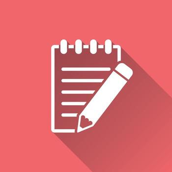 documento con lápiz pictograma icono. sencillo plano ilustración para negocio, márketing Internet concepto en rojo antecedentes con largo sombra. de moda moderno vector símbolo para web sitio diseño o móvil aplicación