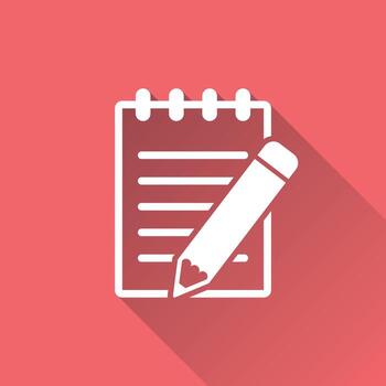 documento con lápiz pictograma icono. sencillo plano ilustración para negocio, márketing Internet concepto en rojo antecedentes con largo sombra. de moda moderno vector símbolo para web sitio diseño o móvil aplicación