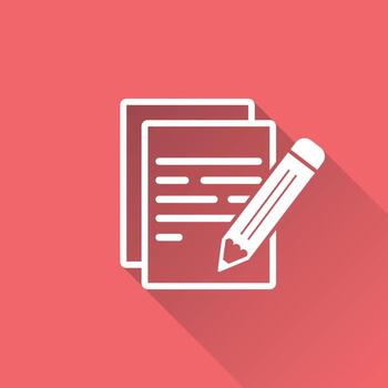 documento con lápiz pictograma icono. sencillo plano ilustración para negocio, márketing Internet concepto en rojo antecedentes con largo sombra. de moda moderno vector símbolo para web sitio diseño o móvil aplicación