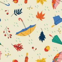 Vector seamless pattern with hand drawn umbrellas, fall leaves, rain drops. Illustration for cards, textile, paper, invitations