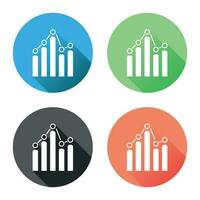 Chart graph icon with long shadow. Business flat vector illustration on blue, green, black and orange background.