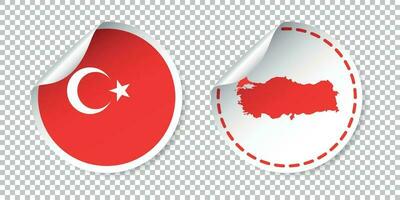 Turkey sticker with flag and map. Label, round tag with country. Vector illustration on isolated background.