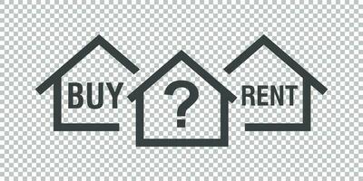 Buy or rent house. Black home symbol with the question. Vector illustration in flat style on isolated background.