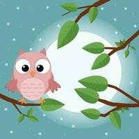 Colorful tree with cute owl. Cartoon bird in moon forest. Flat vector illustration.