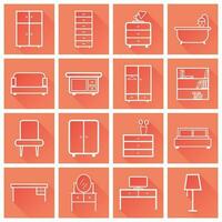 Furniture icons set. Flat vector illustration with long shadow on orange background. Universal icon for web design.