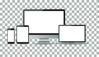 Realistic device flat Icons smartphone, tablet, laptop and desktop computer. Vector illustration