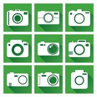 Camera icon set on green background with long shadow. Vector illustration in flat style with photography icons.