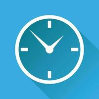 Clock icon, flat design. Vector illustration with long shadow on blue background.