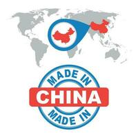 Made in China stamp. World map with red country. Vector emblem in flat style on white background.