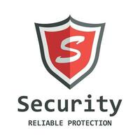 Red shield logo. Vector illustration in flat style with word security.