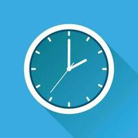 Clock icon, flat design. Vector illustration with long shadow on blue background.