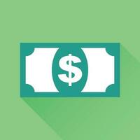 Money icon. Vector illustration in flat style. Dollar with long shadow on green background.