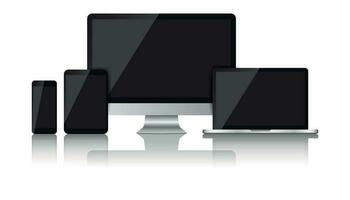 Realistic device flat Icons smartphone, tablet, laptop and desktop computer. Vector illustration