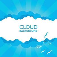 Clouds in the sky with sun rays. Flat vector illustration in cartoon style. Blue colorful background.