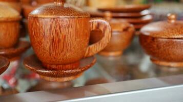 wood craft or Wooden tea cup cups, bowl, spoons, scoops photo
