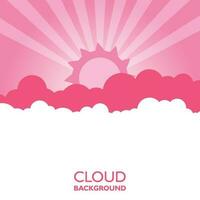 Clouds in the sky with sun rays. Flat vector illustration in cartoon style. Pink colorful background.