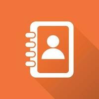 Address book icon with long shadow. Contact note flat vector illustration on orange background.