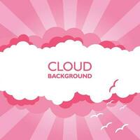 Clouds in the sky with sun rays. Flat vector illustration in cartoon style. Pink colorful background.