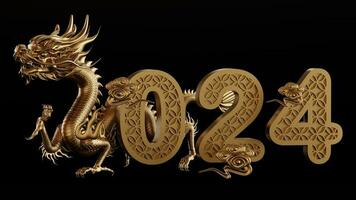 3d rendering illustration for happy chinese new year 2024 the dragon zodiac sign with flower, lantern, asian elements, red and gold on background. photo