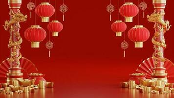 3d rendering illustration background for happy chinese new year 2024 the dragon zodiac sign with red and gold color, flower, lantern, and asian elements. photo