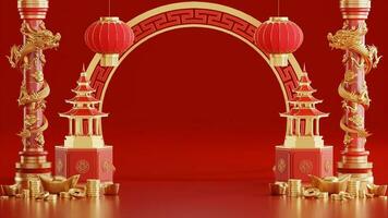 3d rendering illustration background for happy chinese new year 2024 the dragon zodiac sign with red and gold color, flower, lantern, and asian elements. photo
